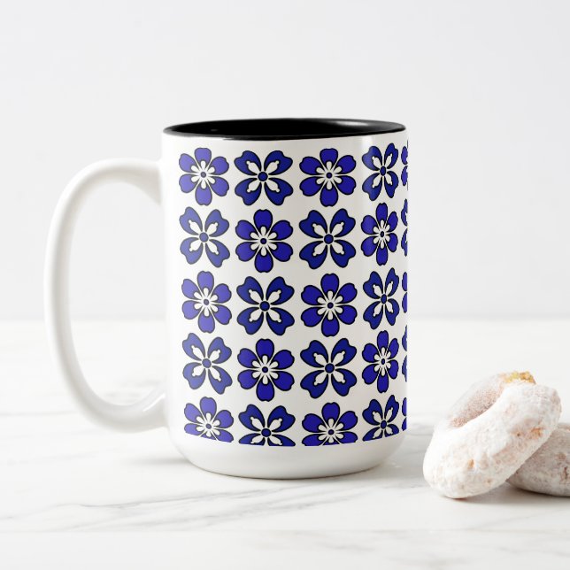 Modern Blue & White Flowers Mug (With Donut)