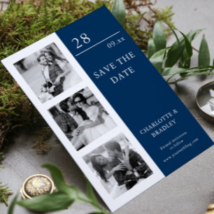 Modern Blue White Four Photo Wedding Save The Date