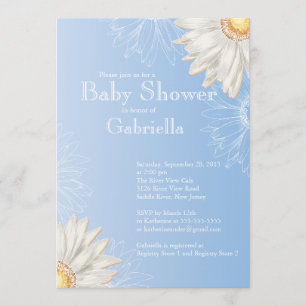 Modern Blue & White Gerbera Daisy Baby Shower Invitation