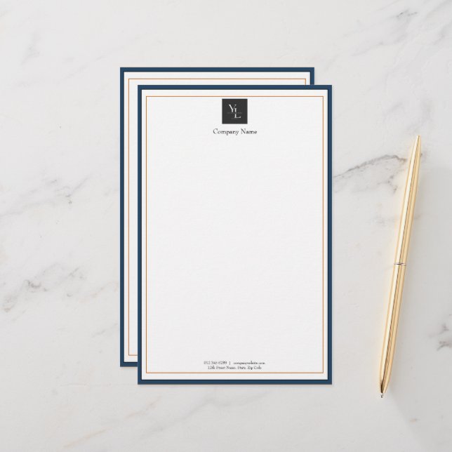 Modern Blue White Gold with Business Logo Stationery (Front/Back In Situ)