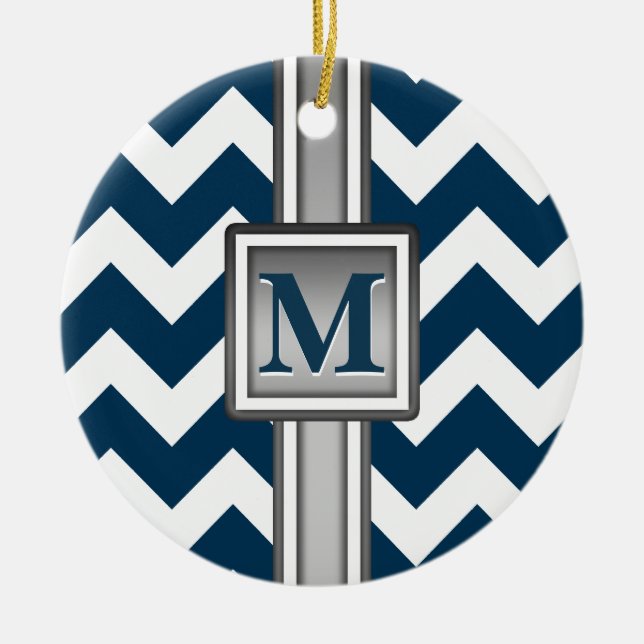 Modern Blue White Grey Monogrammed Chevron Ceramic Ornament (Front)