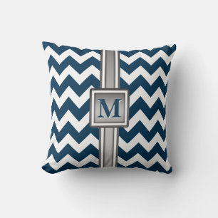 Modern Blue White Grey Monogrammed Chevron Throw Pillow