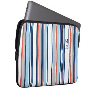Modern Blue White Grey Red Stripes Monogram Laptop Sleeve