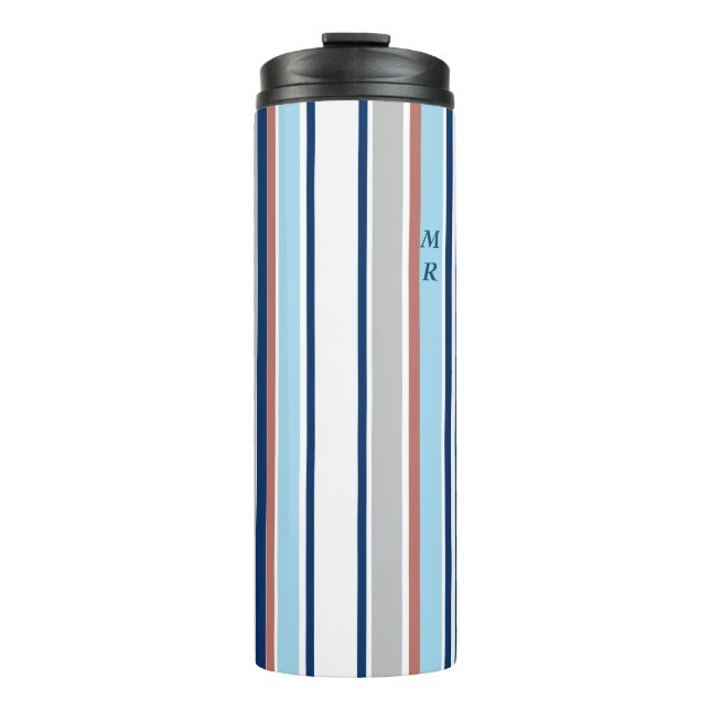 Modern Blue White Grey Red Stripes Monogram Thermal Tumbler (Front)