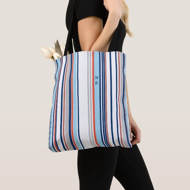 Modern Blue White Grey Red Stripes Monogram Tote Bag (Close Up)