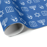 Modern blue white Jewish icons pattern Hanukkah Wrapping Paper<br><div class="desc">Modern blue and white Jewish icons pattern elegant Hanukkah gift Wrapping Paper.

The design features Star of David,  Hebrew Magen David,  Dreidel,  menorah,  Torah,  white pattern on blue background.

This wrapping paper is great for Hanukkah,  Chanukah,  bar mitzvah,  bat mitzvah,  Shabbat and Jewish Holidays.</div>
