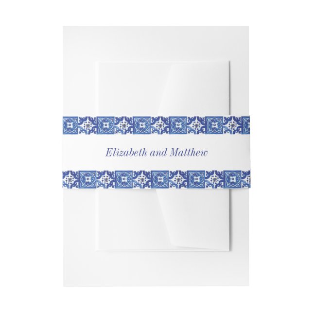 Modern Blue White Mediterranean Wedding Invitation Belly Band (Front Example)