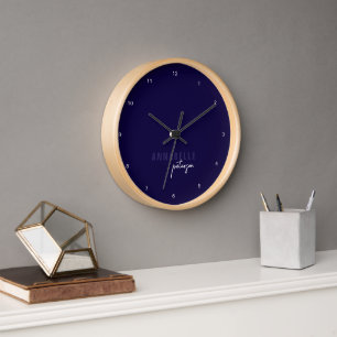 Modern Blue & White Minimal Script Personalized Clock