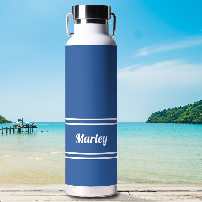 Modern Blue & White Minimal Stylish Classic Name Water Bottle (Creator Uploaded)