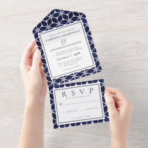 Modern Blue White Moroccan Pattern   All In One Invitation