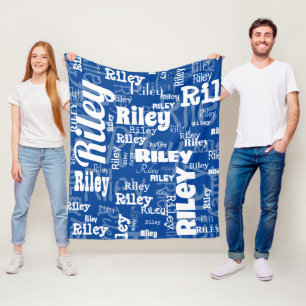 Modern Blue White Name Repeating Pattern Fleece Blanket