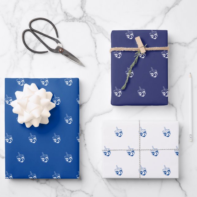 Modern blue white navy dreidel patterns Hanukkah Wrapping Paper Sheet (Front)