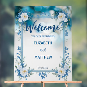 Modern  Blue & White Overlay Flowers wedding Acrylic Sign