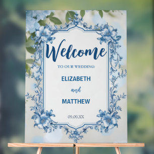 Modern Blue & White Overlay Flowers wedding Acrylic Sign