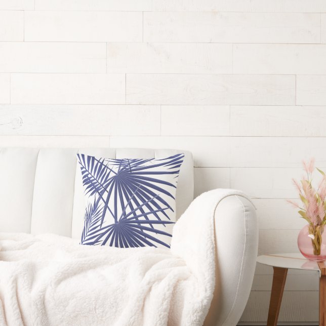 Modern Blue & White Palm Leaves Throw Pillow (Couch)