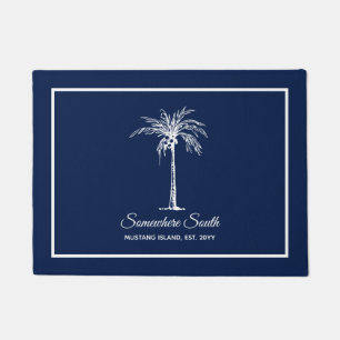 Modern Blue White Palm Tree Personalized Doormat