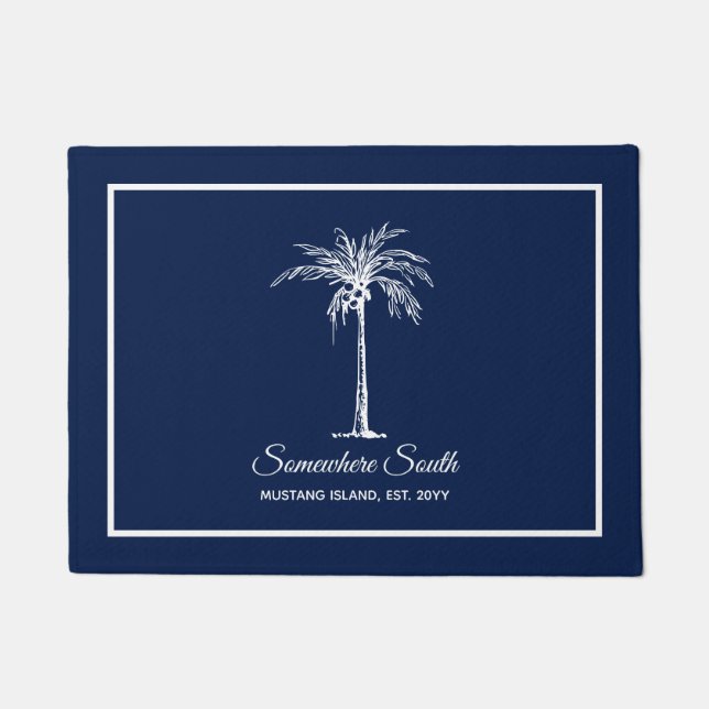 Modern Blue White Palm Tree Personalized Doormat (Front)