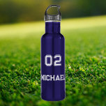 Modern Blue White Player Name Jersey Number Sports 710 Ml Water Bottle<br><div class="desc">Create your own custom, personalized, cool, chic, stylish, lightweight, durable, crack proof, spill proof, modern sporty white typography script, classy stainless steel blue water bottle. Simply type in your name / kids name / player name and player jersey number, to customize. Makes a great gift for wedding, birthday, graduation, fathers...</div>