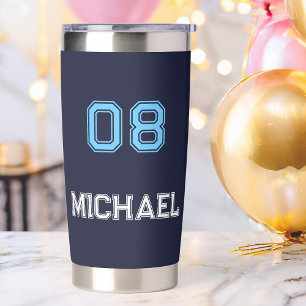 Modern Blue White Player Name Jersey Number Sports Insulated Tumbler