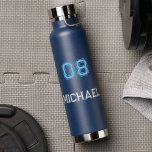 Modern Blue White Player Name Jersey Number Sports Water Bottle<br><div class="desc">Create your own custom, personalized, cool, chic, modern, stylish blue and white typography / font / script, classy navy blue, spill-proof, stainless steel, condensation-resistant exterior, monogrammed player name jersey number durable double-wall Thor Copper Vacuum Insulated Bottle that keeps beverages hot for 12 hours or cold for 48 hours. Simply type...</div>