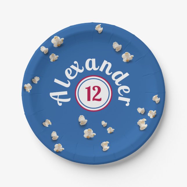 Modern Blue White Red Popcorn Cinema Boy Party Paper Plate (Front)