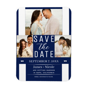 Modern Blue & White Save the Date 3 Photo Wedding Magnet