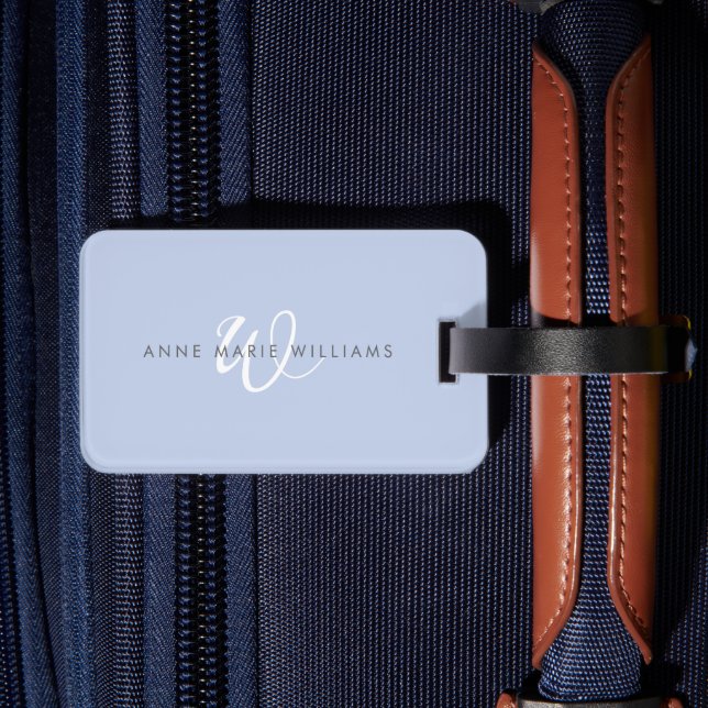 Modern Blue White Script Monogram Luggage Tag (Back Insitu 2)