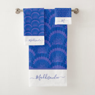 Modern Blue White Seashell Monogram Coastal Bath Towel Set