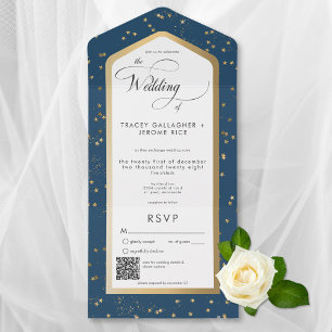 Modern Blue & White Starry Gold QR Code All In One Invitation