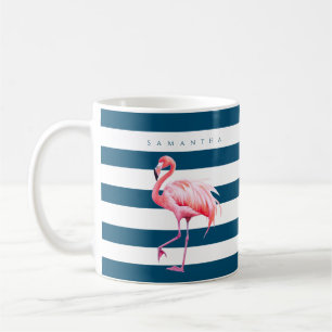 Modern Blue White Stripe Pink Flamingo Custom Name Coffee Mug
