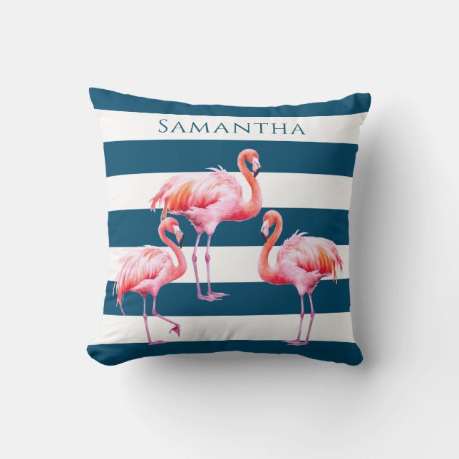 Modern Blue White Stripe Pink Flamingo Custom Name Throw Pillow (Front)