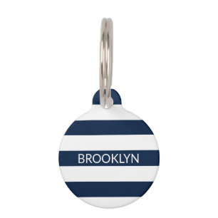 Modern blue white stripes custom name info cute pet tag
