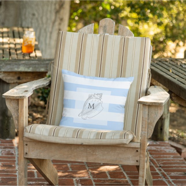 Modern blue white stripes family monogrammed beach outdoor pillow (Chair)
