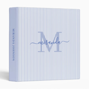 Modern Blue & White Stripes Monogram Name Binder