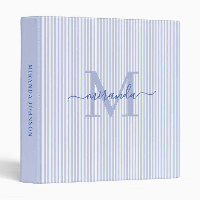 Modern Blue & White Stripes Monogram Name Binder (Front/Spine)