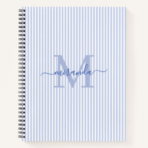 Modern Blue & White Stripes Monogram Name Notebook