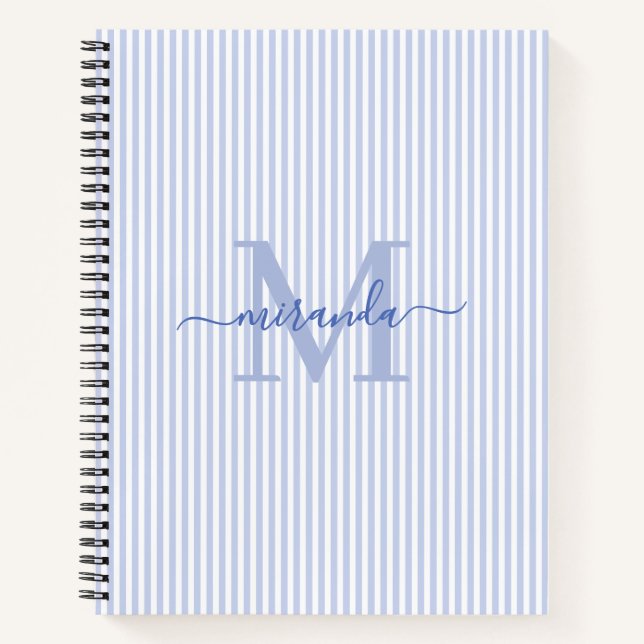 Modern Blue & White Stripes Monogram Name Notebook (Front)