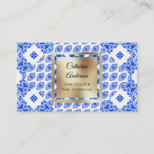 Modern blue white tiles gold square mediterranean business card