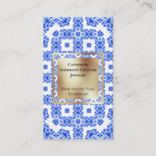 Modern blue white tiles gold square mediterranean business card