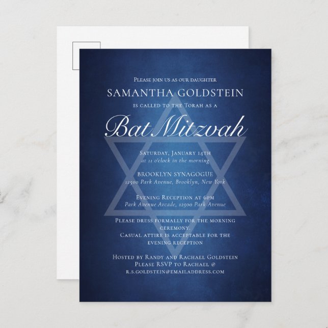 Modern Blue White Typography Formal Bat Mitzvah Invitation Postcard (Front/Back)