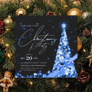 MODERN Blue Winter Christmas Tree Bow Party Invitation