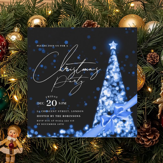 MODERN Blue Winter Christmas Tree Bow Party  Invitation (MODERN Blue Winter Christmas Tree Bow Party Invitation)