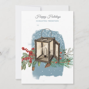Modern Blue Winter Snow Pine Lantern Christmas Holiday Card