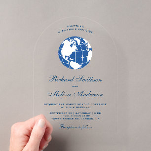 Modern Blue World Map Globe Wedding Acrylic Invitations