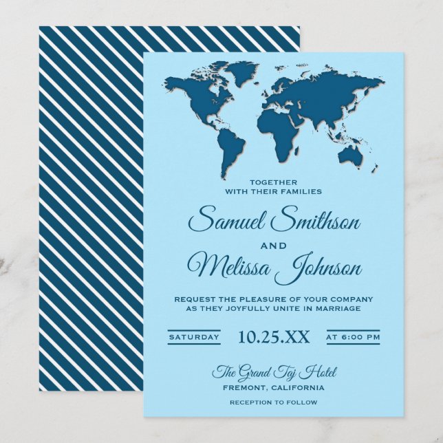 Modern Blue World Map Wedding Invitation (Front/Back)