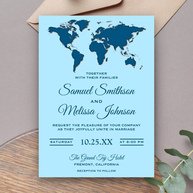 Modern Blue World Map Wedding Invitation (Creator Uploaded)