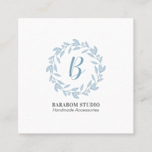 Modern  Blue Wreath Monogram Professional Square Business Card