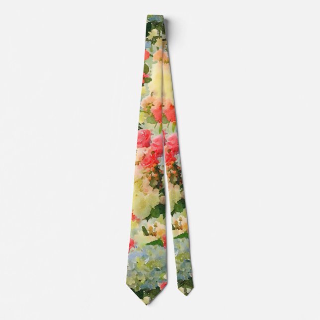 Modern Blue Yellow Coral Hydrangea Roses Floral Tie (Front)