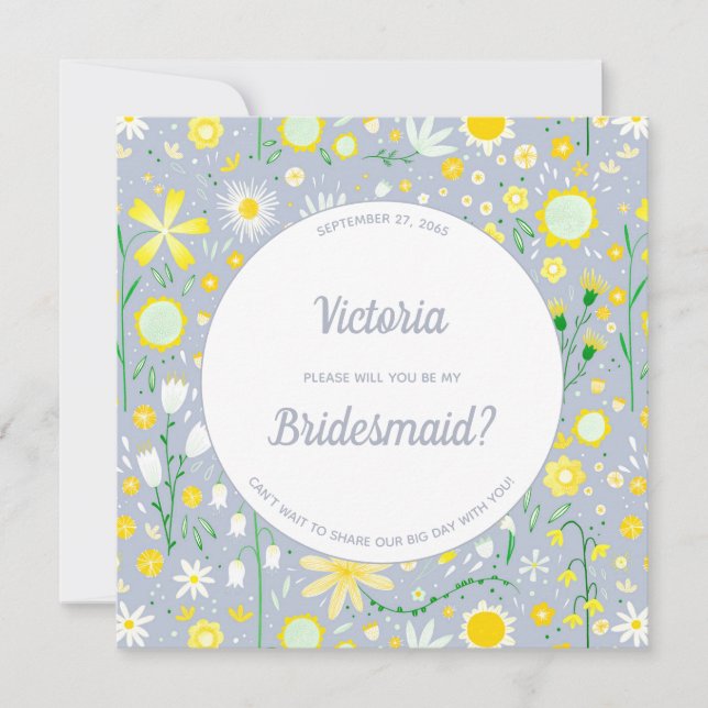 Modern Blue Yellow Floral Be My Bridesmaid Invitation (Front)