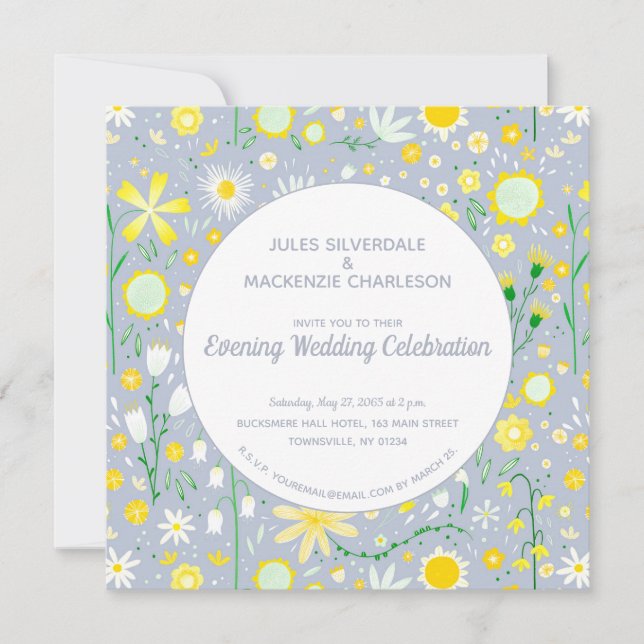 Modern Blue Yellow Floral Evening Wedding Invitation (Front)